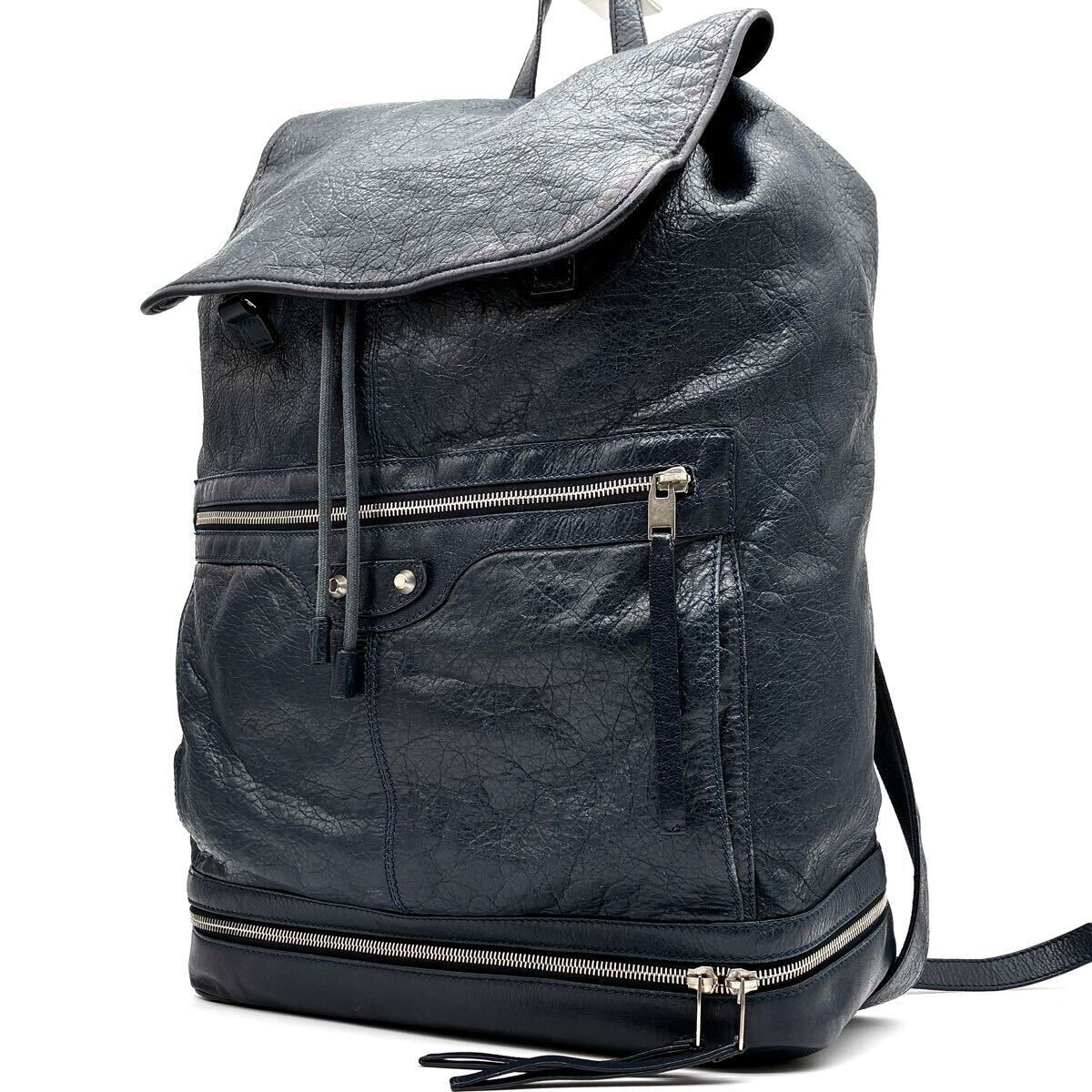 1円 美品 BALENCIAGA バレンシアガ クラシックトラベラー バックパック リュックサック フラップ レザー 多収納 大容量 ネイビー 正規品拍卖