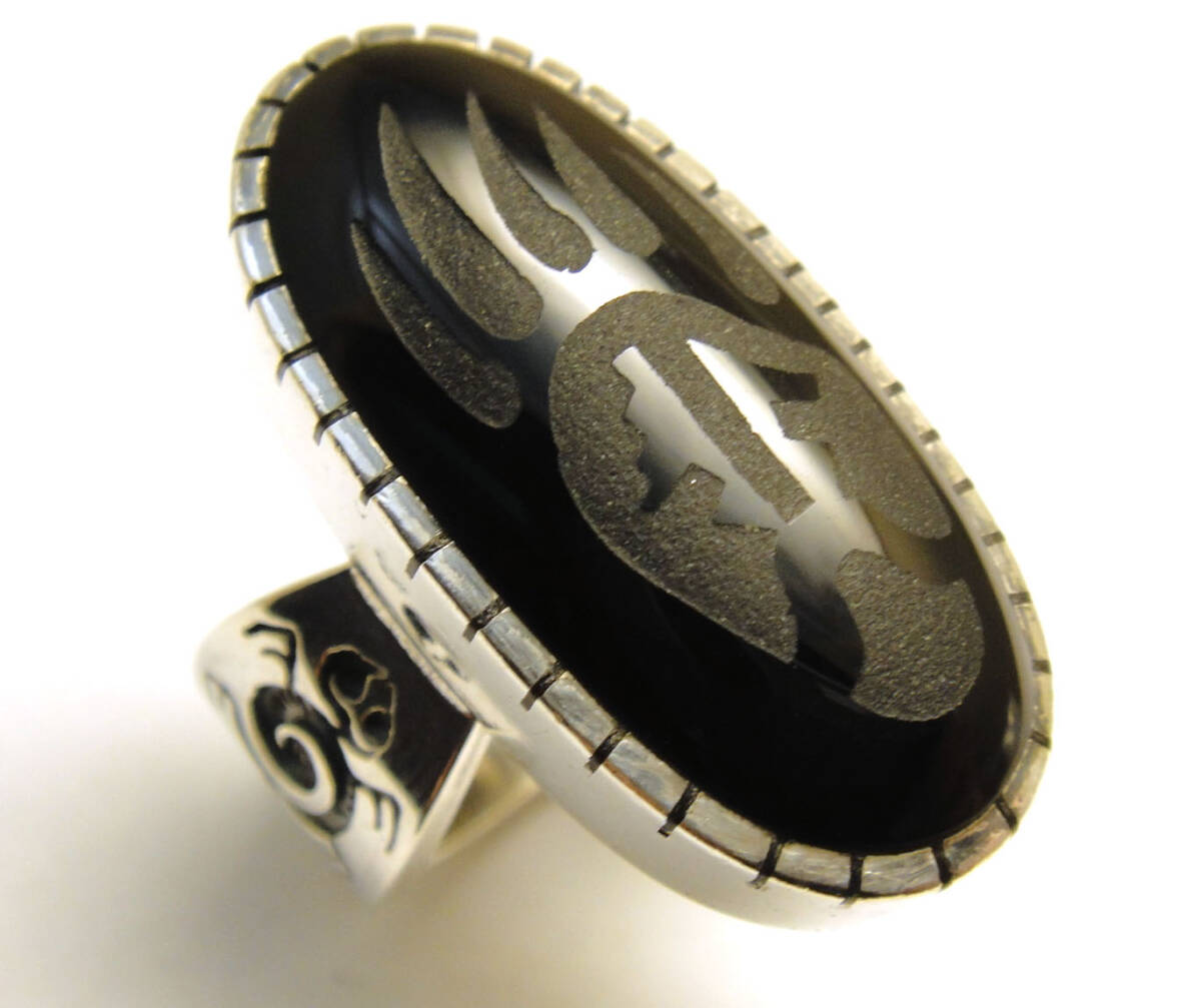 SP◆14号◆USED洗浄済スターリングシルバー 特大オニキス ホピ族 ベアクロー タートル 亀 インディアンジュエリー リング STERLING拍卖
