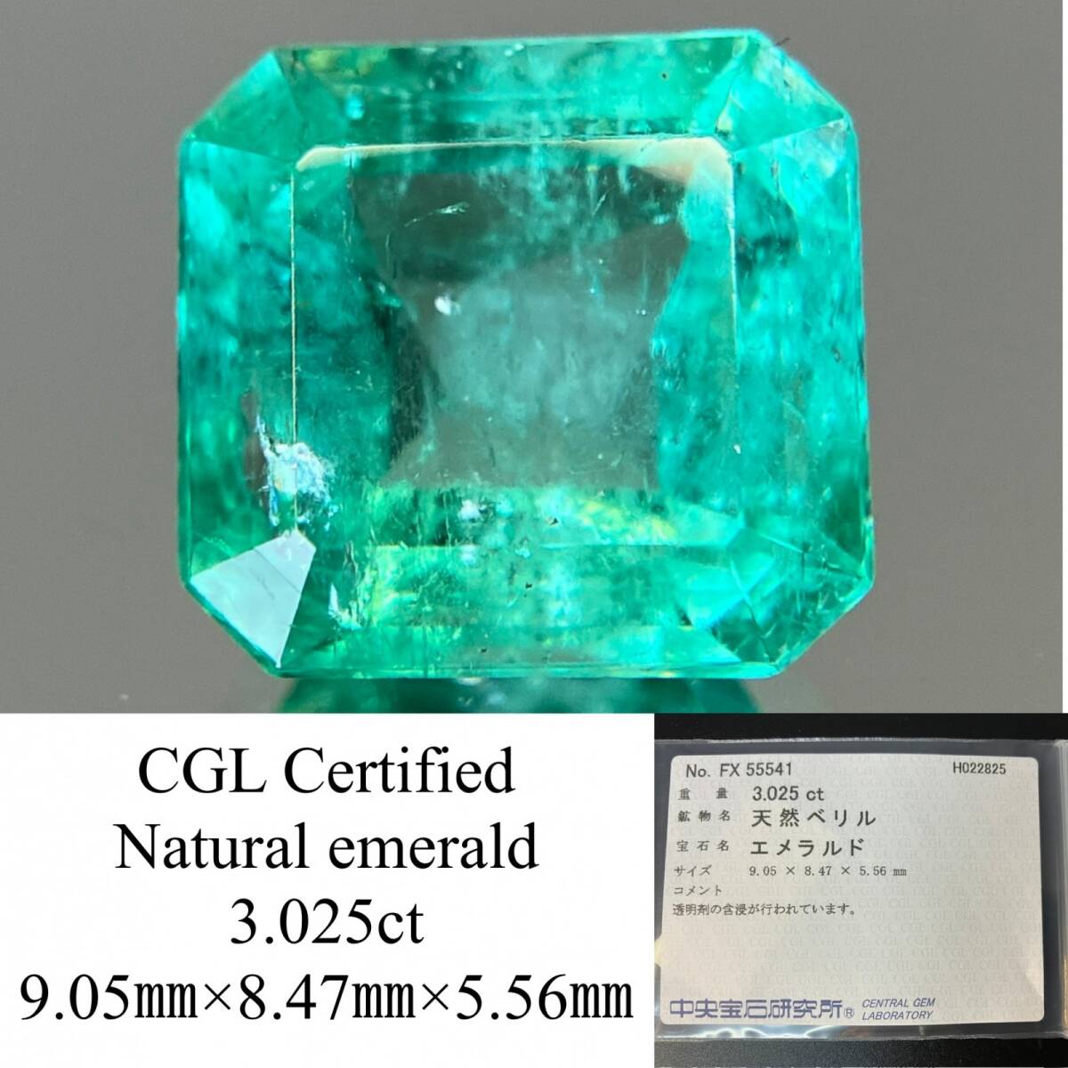 エメラルド 3.025ct 中央宝石ソーティング付き 9.05×8.47×5.56 ルース( 裸石 ) 4173YY拍卖