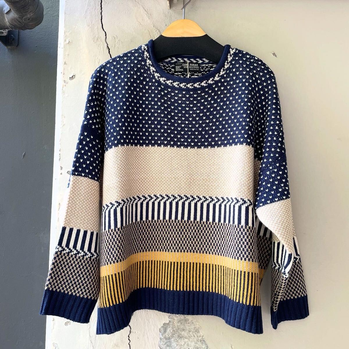 CUBE SUGAR キューブシュガー ニット セーター ネイビー ボーダー トップス 長袖 総柄 未使用品 美品 M拍卖