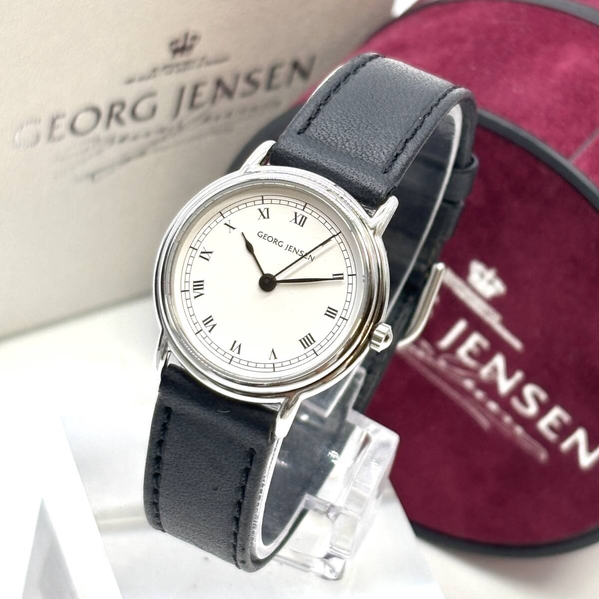 H-02431 GEORG JENSEN ジョージジェンセン 腕時計 クラシック レディース クオーツ 薄型 稼働 ホワイト文字盤 ブラック 374拍卖