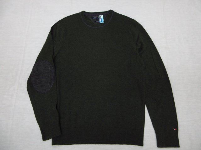 h5618 美品 TOMMYHILFIGER トミーヒルフィガー 丸首 肘あて Lサイズ クリーニング済 セーター ニット グリーン拍卖