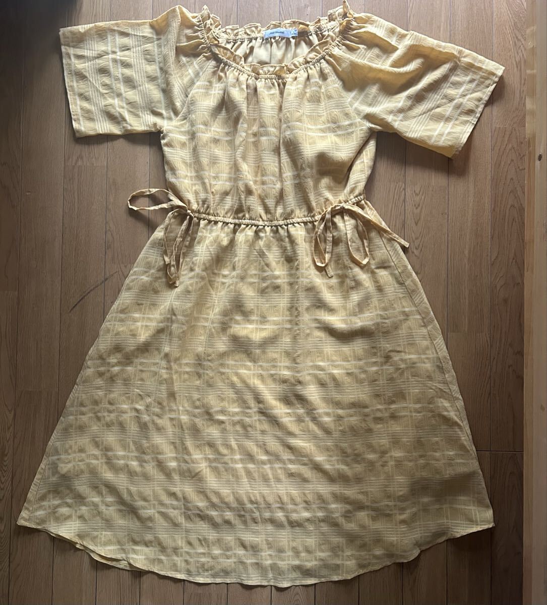 可愛い ワンピース チェック柄 ウエストリボン 半袖 イエロー系拍卖