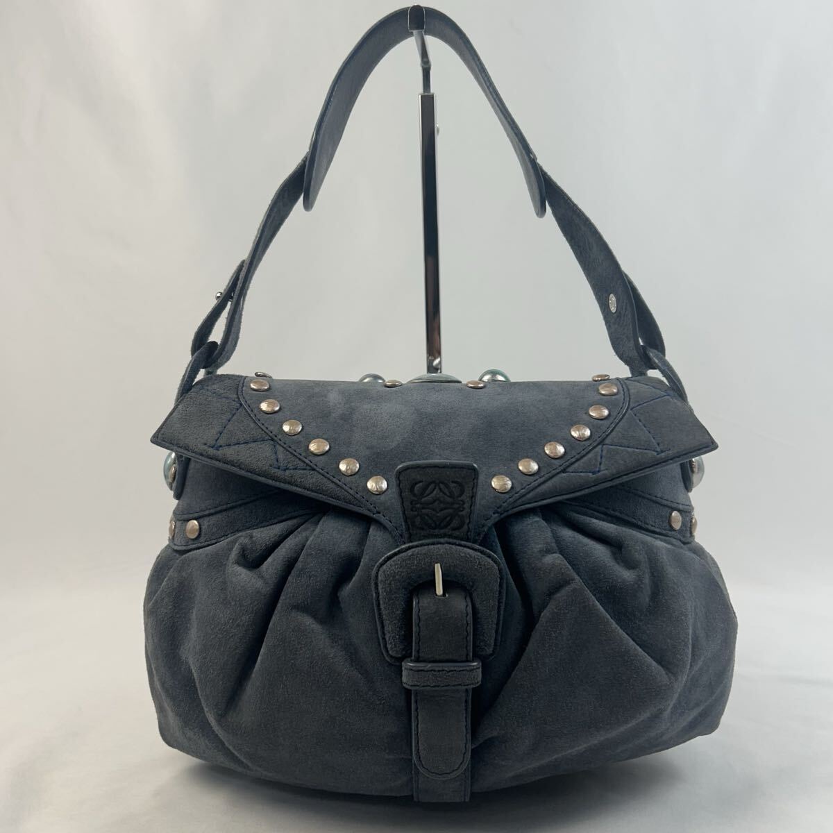 希少 LOEWE ロエベ スエード アナグラム 宝飾 型押し ワンショルダー 肩掛け ハンドバッグ レディース スウェード ブルー系 かばん 拍卖
