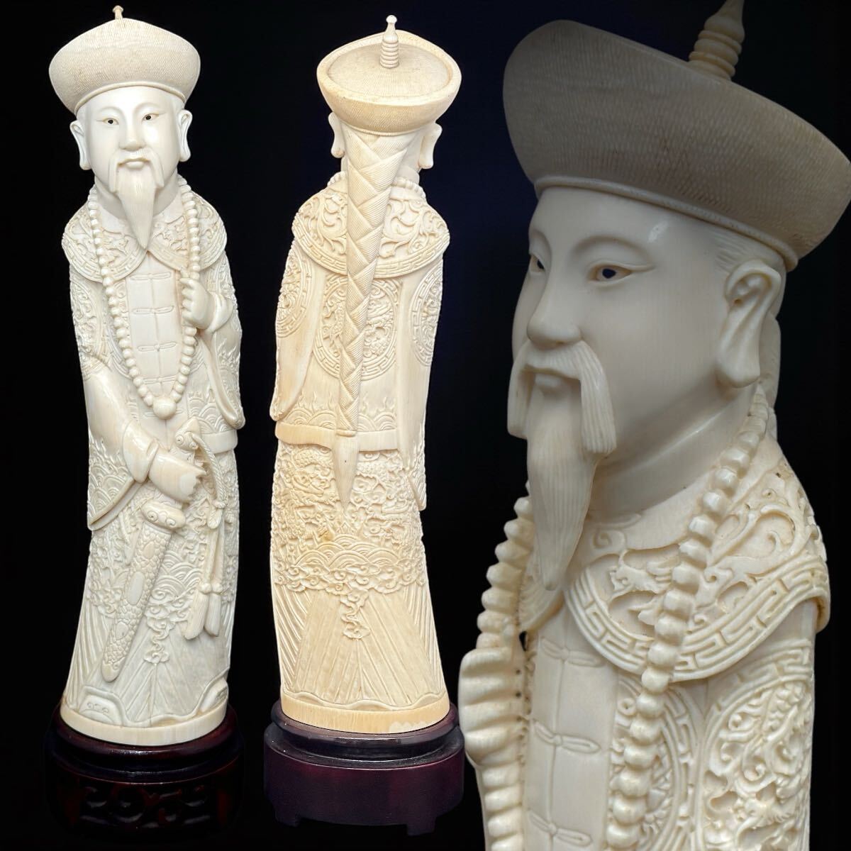 中国美術 牙彫 中国歴代皇帝 細密彫刻 唐物 天然素材 天然白材 置物 工芸品 時代 古美術 (H30×7.5×7cm)拍卖