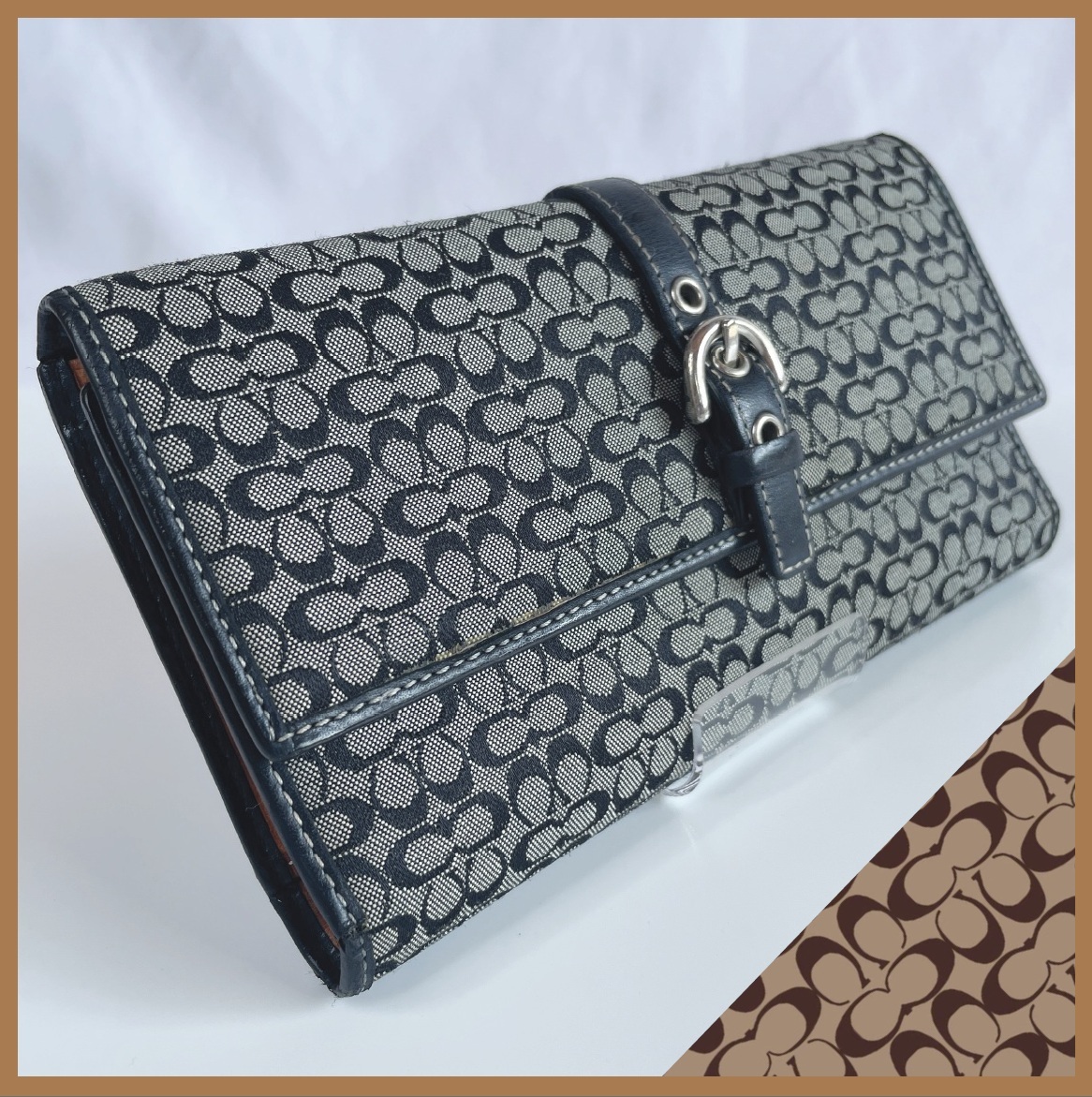 COACH コーチ シグネチャー 長財布 フラップウォレット バックル ベルト キャンバス×レザー 黒/グレー系拍卖