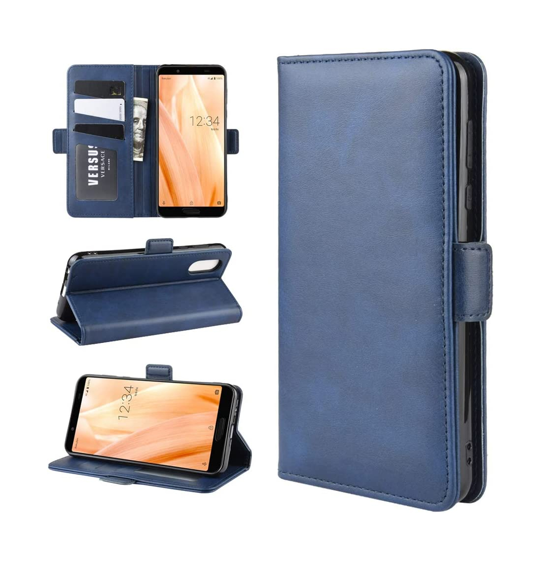 AQUOS sense3 SHV45 /SH-02M ケース 手帳型 フェイクレザー カードポケット スタンド機能 耐衝撃 ブルー ay333拍卖