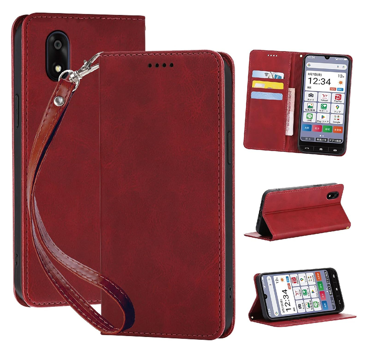 かんたんスマホ4 ケース 手帳型 A402ZT PUレザー TPU スタンド機能付きカード収納 多機能 ベルトループ付き ワインレッド ay467拍卖