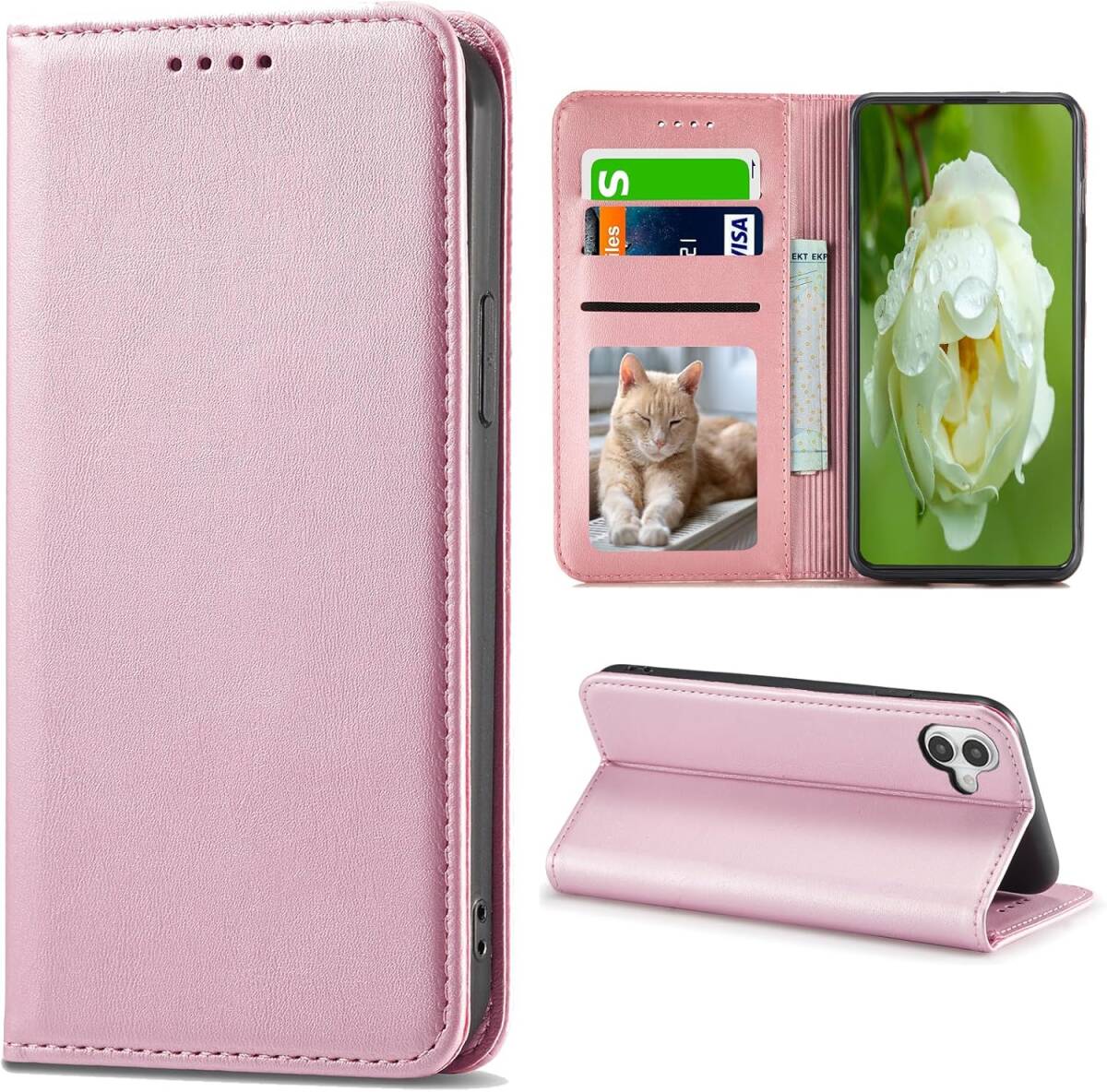 iPhone17 ケース 手帳型 肌触り良い PUレザー ストラップホール付 カード収納 マグネット スタンド機能 全面保護 ゴールドピンク ay693拍卖