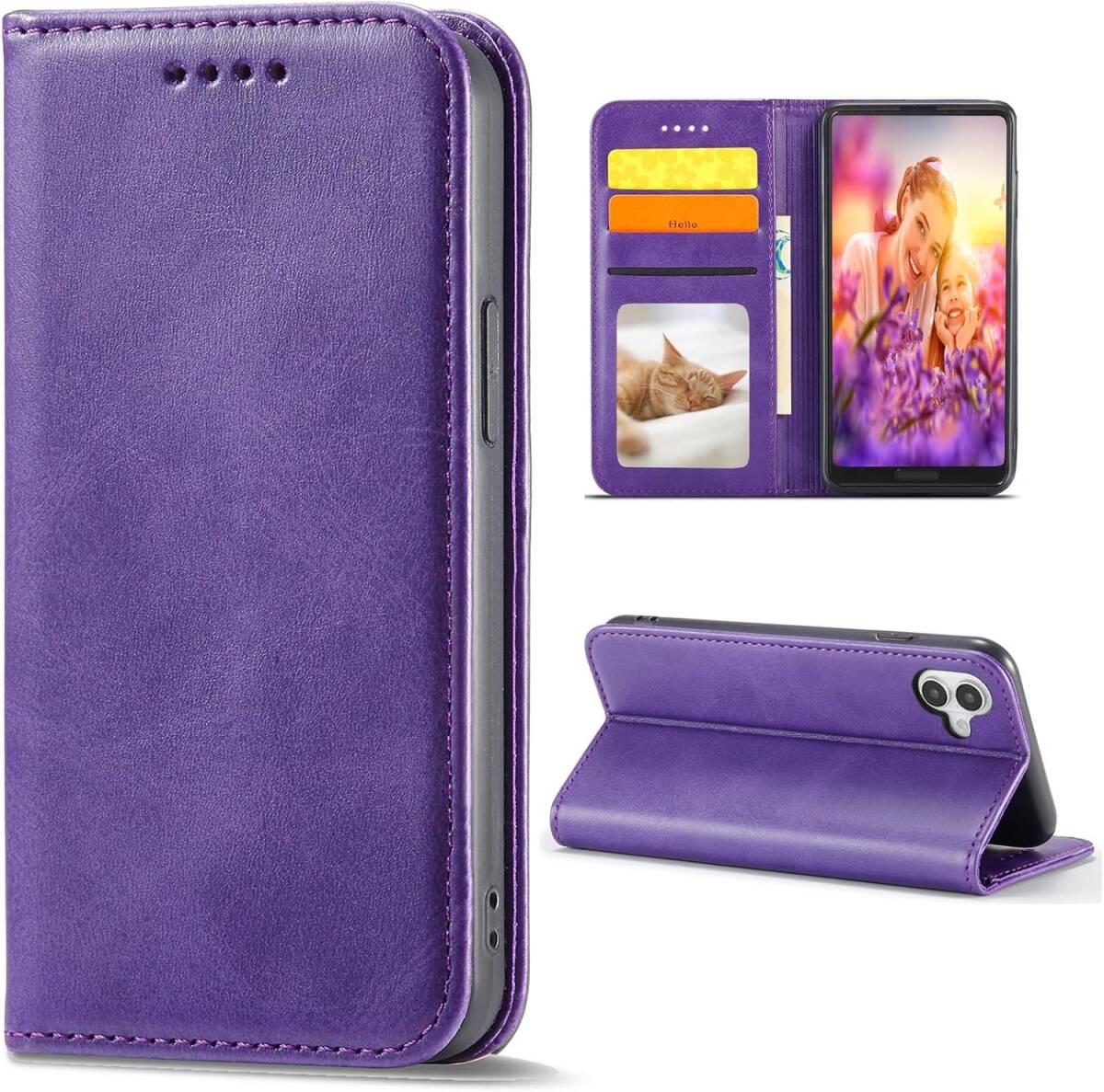 iPhone17 ケース 手帳型 肌触り良い PUレザー ストラップホール付 カード収納 マグネット スタンド機能 全面保護 パープル ay691拍卖