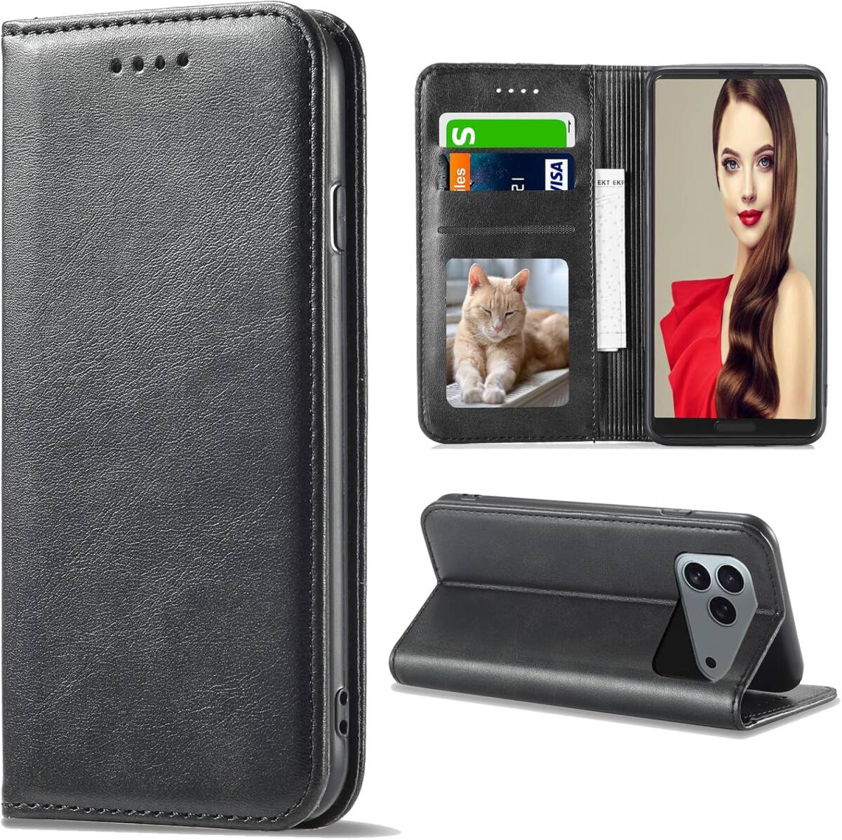 iPhone17 ProMax ケース 手帳型 肌触り良い PUレザー ストラップホール付 カード収納 マグネット スタンド機能 全面保護 ブラック ay468拍卖