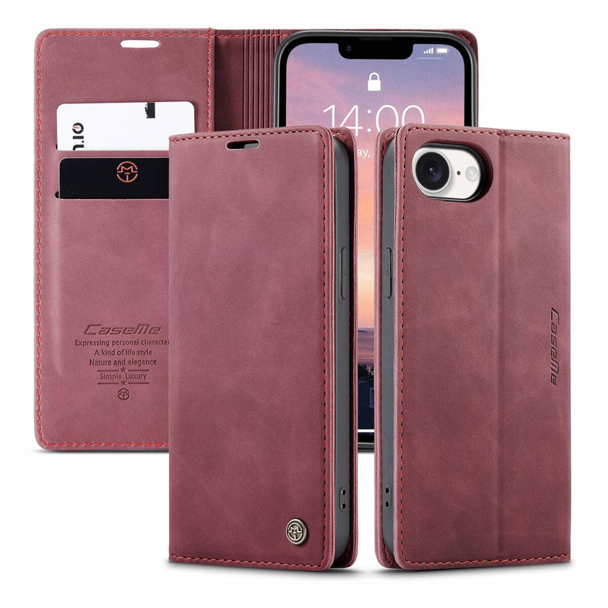 iPhone 16e ケース 手帳型 カード収納 横開き フェイクレザー TPU 耐衝撃 横置き機能 マグネット式 レッド ay689拍卖