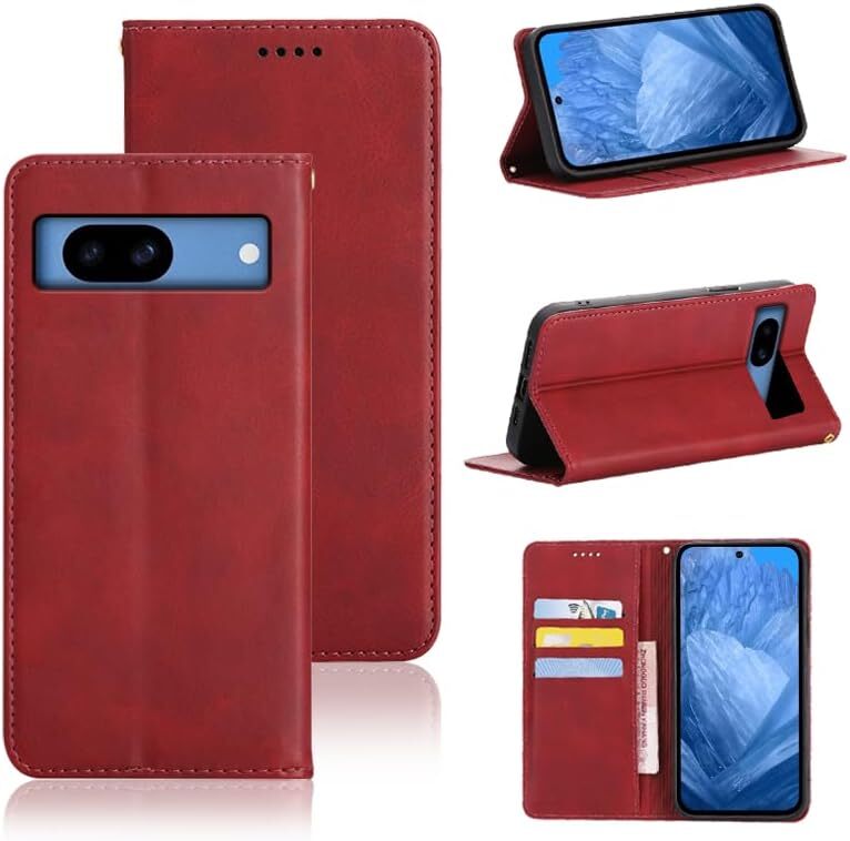 Google Pixel 8 ケース 手帳型 PUレザー カード収納 財布型 耐衝撃 ケース マグネット スタンド機能付き レッド ay696拍卖