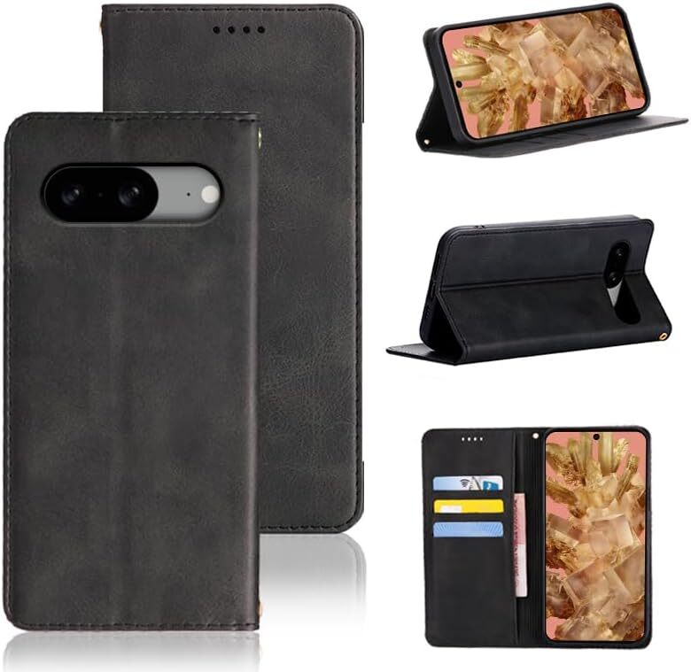 Google Pixel 8 ケース 手帳型 PUレザー カード収納 財布型 耐衝撃 ケース マグネット スタンド機能付き ブラック ay698拍卖