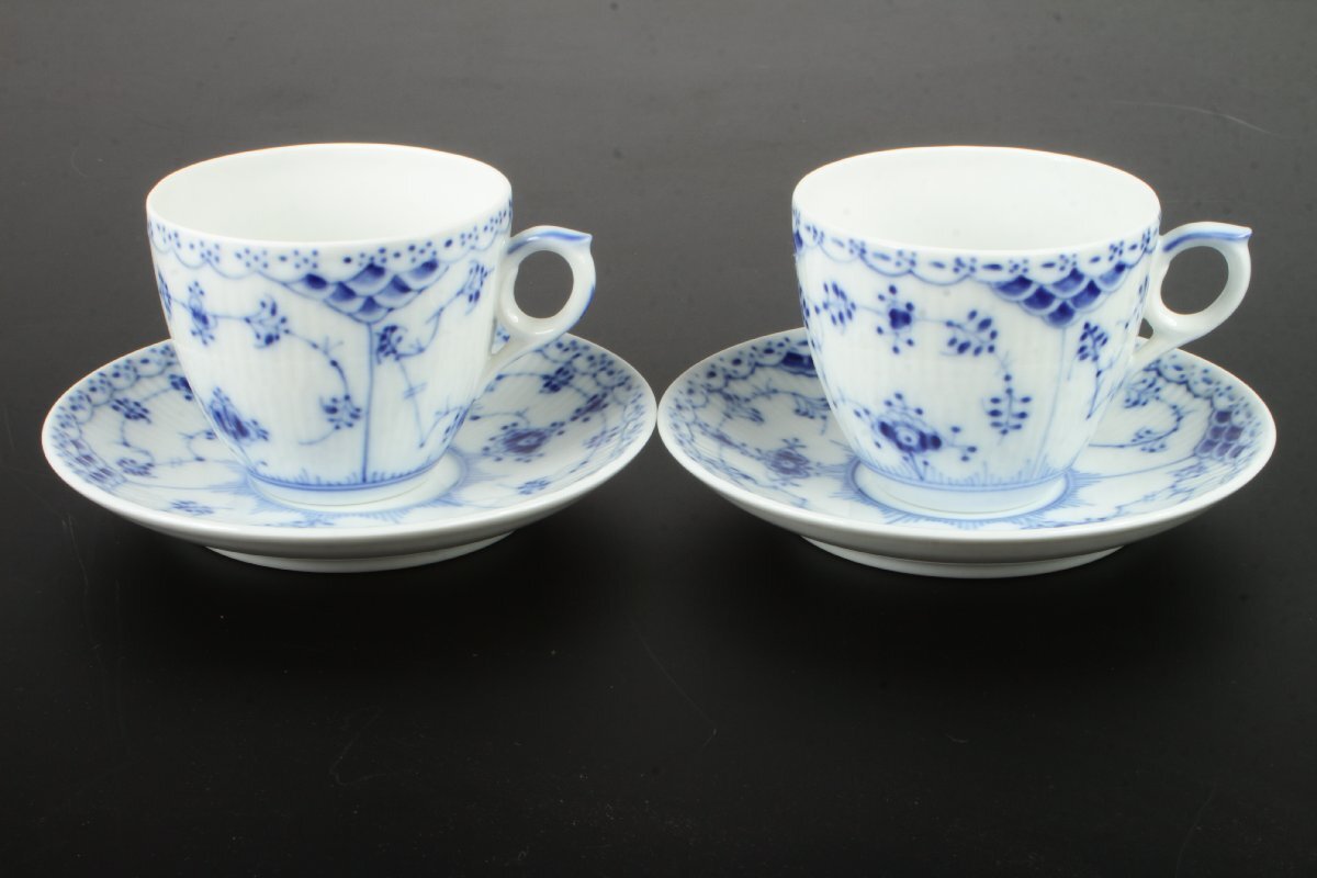 ロイヤルコペンハーゲン ◎ ブルーフルーテッド ハーフレース カップ&ソーサー 2客セット 王冠 デンマーク ◎ #5544拍卖