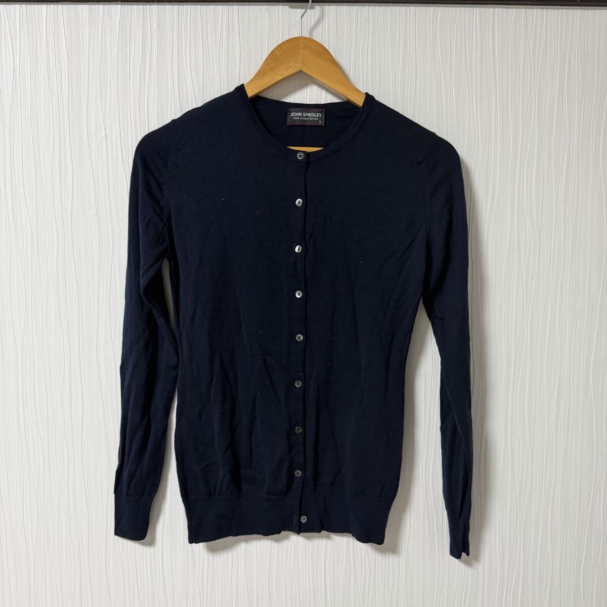 イギリス製 JOHNSMEDLEY ジョンスメドレー 長袖 カーディガン ネイビー レディース セーター サイズS 英国製 a1335拍卖