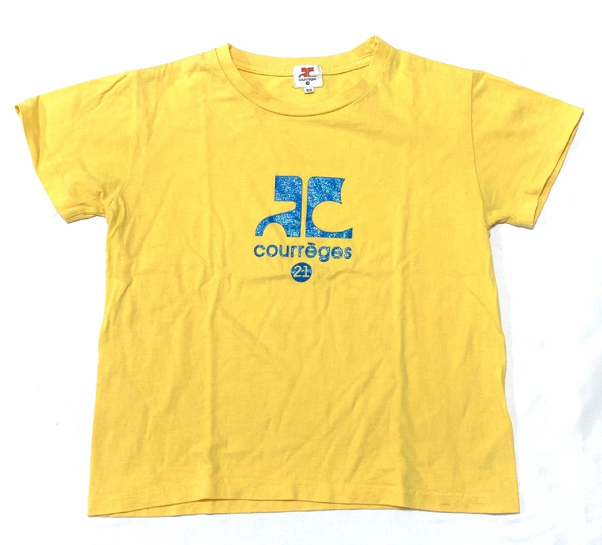 美品 courreges クレージュ トップス カットソー Tシャツ 半袖 サイズ38 ロゴ ラメ イエロー レディース拍卖