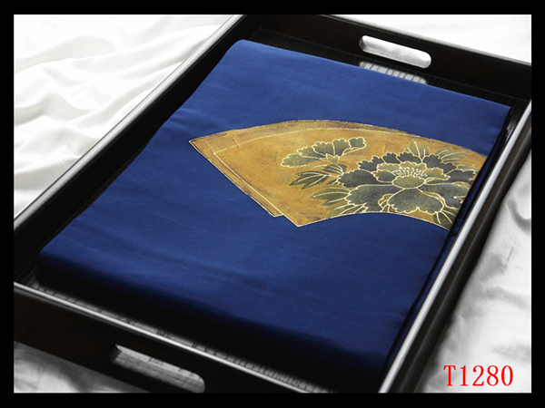 蔵【T1280】厳選逸品 塩瀬 地紙牡丹紋 青藍色地 気品豊かに 正絹高級美術名古屋帯 ◇検簪着物袋帯和装小物帯締め拍卖