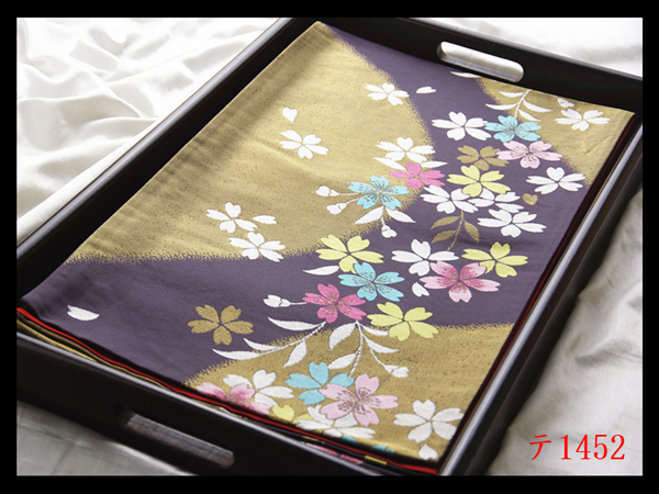 蔵【テ1452】西陣逸品 振袖可 枝垂れ桜紋 濃鼠色地 気品豊かに 正絹純金糸六通高級美術袋帯 ◇検◇簪着物名古屋帯和装小物帯締め拍卖