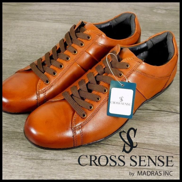 新品 1円~ 定価14,300円 マドラス madras クロスセンス 本革 レザー スニーカー 25.5cm 茶 シューズ CROSS SENSE メンズ【4765】拍卖