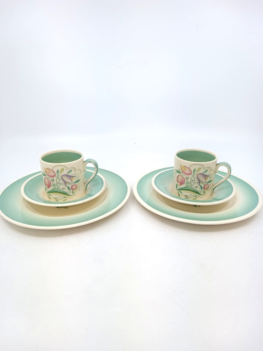 Susie Cooper スージークーパー ドレスデンスプレイ グリーン デミタストリオ2客拍卖