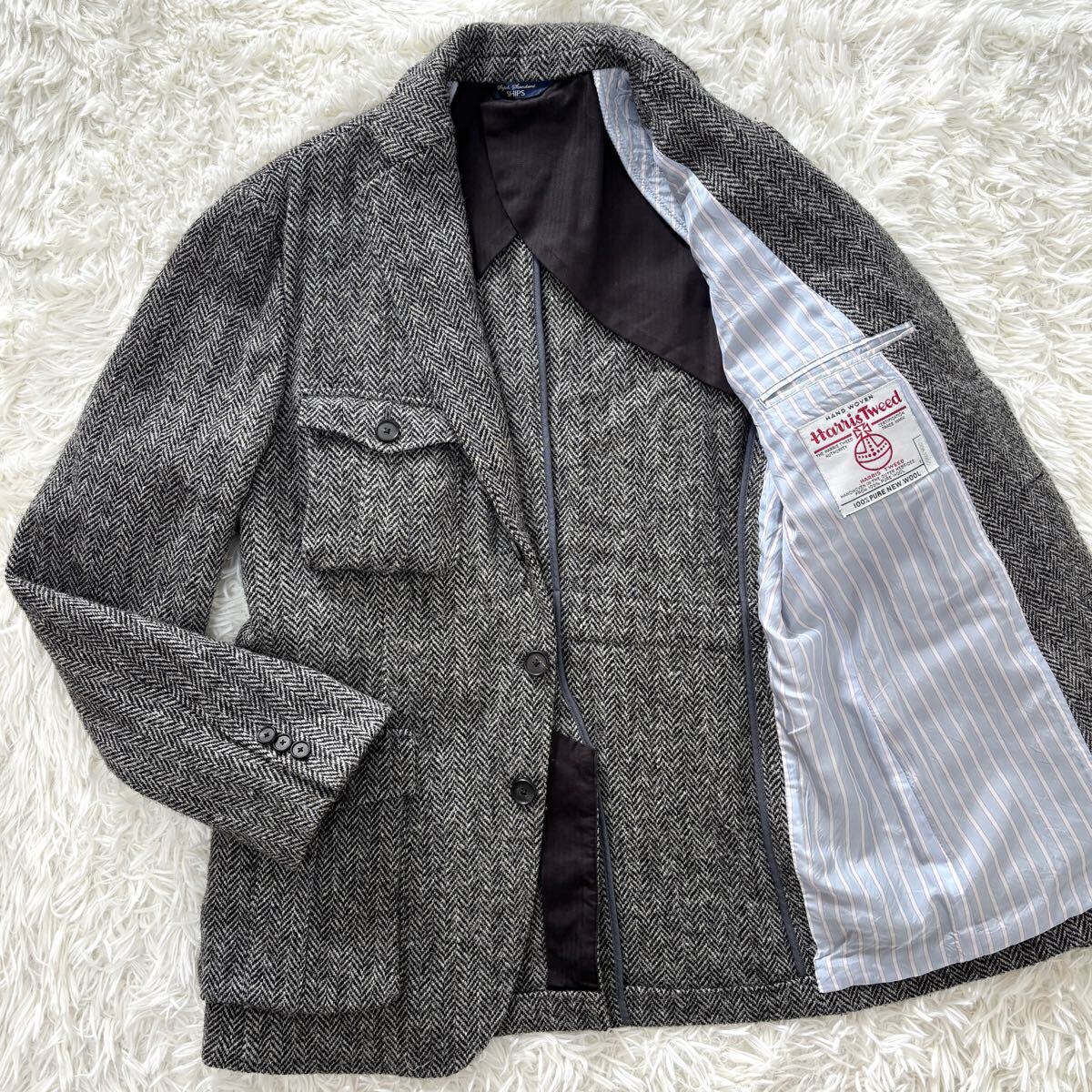 【極美品】Lサイズ ハリスツイード Harris Tweed × シップス ships ヘリンボーン 2way テーラードジャケット 秋冬ブレザー サファリ 極暖拍卖