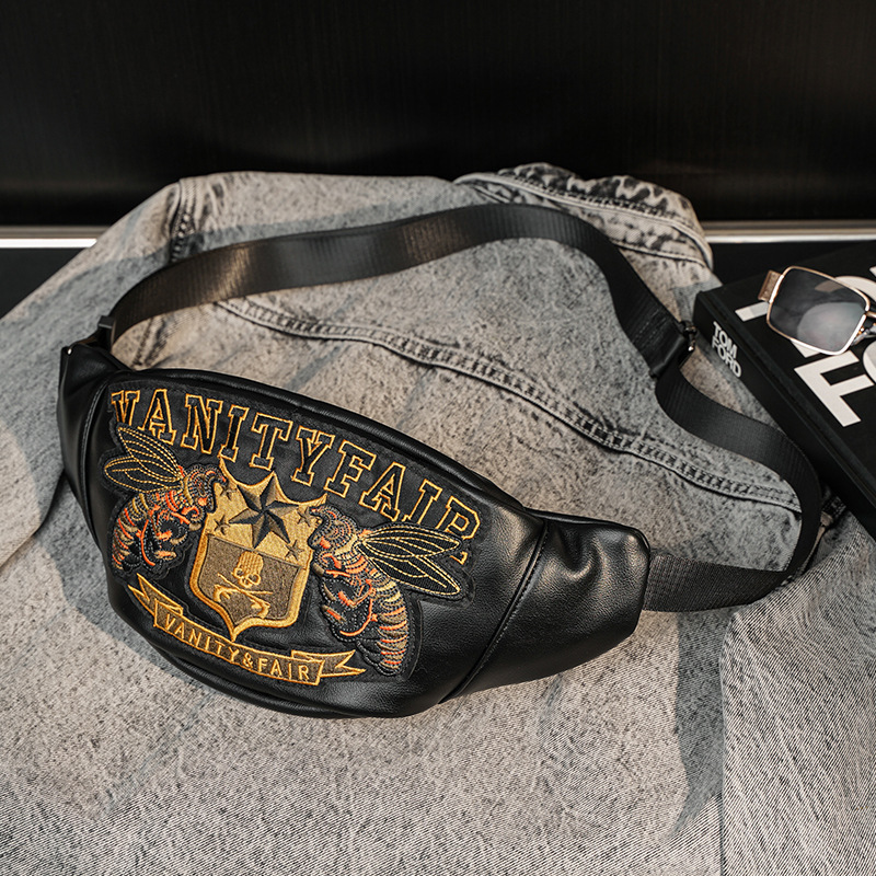 ボディバッグ メンズ 刺繍 エンブレム スカル ドクロ ウエストバッグ インポート ミリタリー BAG PU 皮 レザー ホスト 男 鞄 30代 40代拍卖