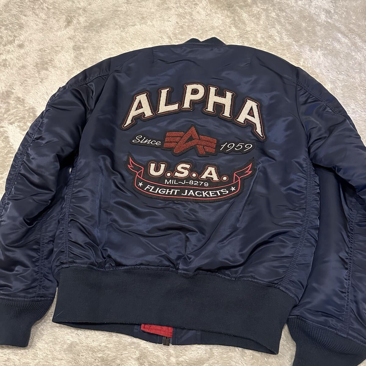 希少 ALPHA INDUSTRES アルファ MA-1 フライトジャケット ジャケット メンズ サイズL ロゴ ワッペン ミリタリー 中綿 ネイビー拍卖