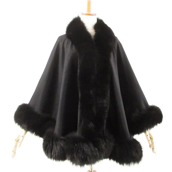 売切り!!★r7fu110419★毛綺麗 CASHMERE カシミヤ100% フォックストリミング ポンチョ 着丈73cm F拍卖