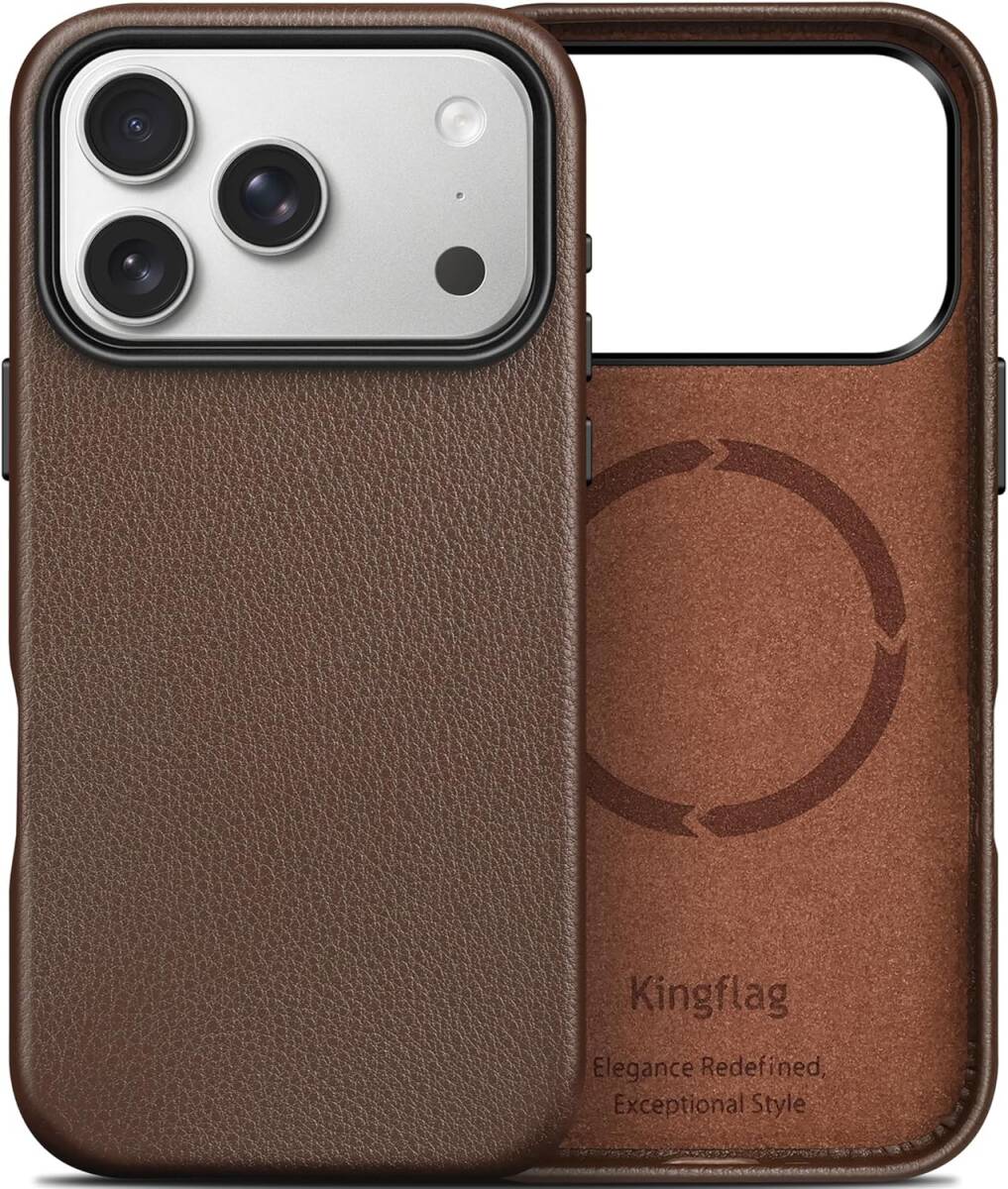 Kingflag iPhone 17 Pro Max用 本革ケース ブラウン MagSafe対応 金属ボタン&カメラベゼル マイクロファイバー内張り拍卖