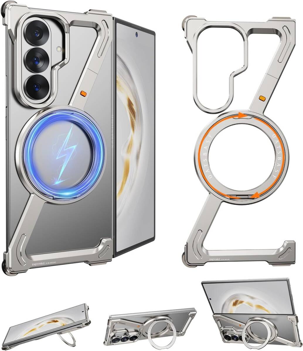 Samsung Galaxy Fold 7用 アルミバンパーケース メタルフレームレスケース 360度回転マグネットスタンド レンズ保護 薄型拍卖