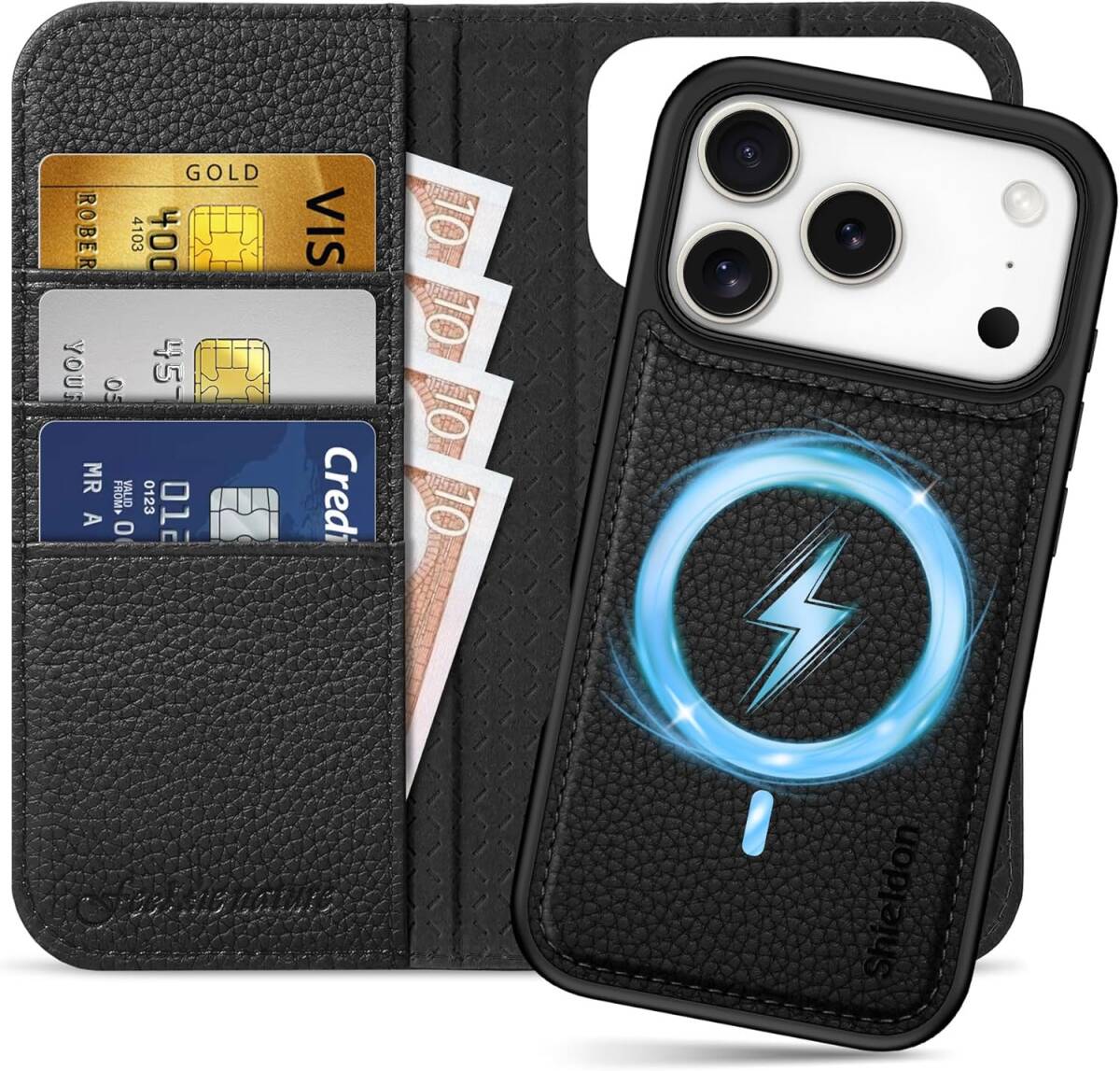 SHIELDON iPhone 17 Pro 手帳型本革ケース 2in1分離式 ペブルドブラック MagSafe対応 カード収納 衝撃吸収 C-2IN1-LZ-BLK拍卖