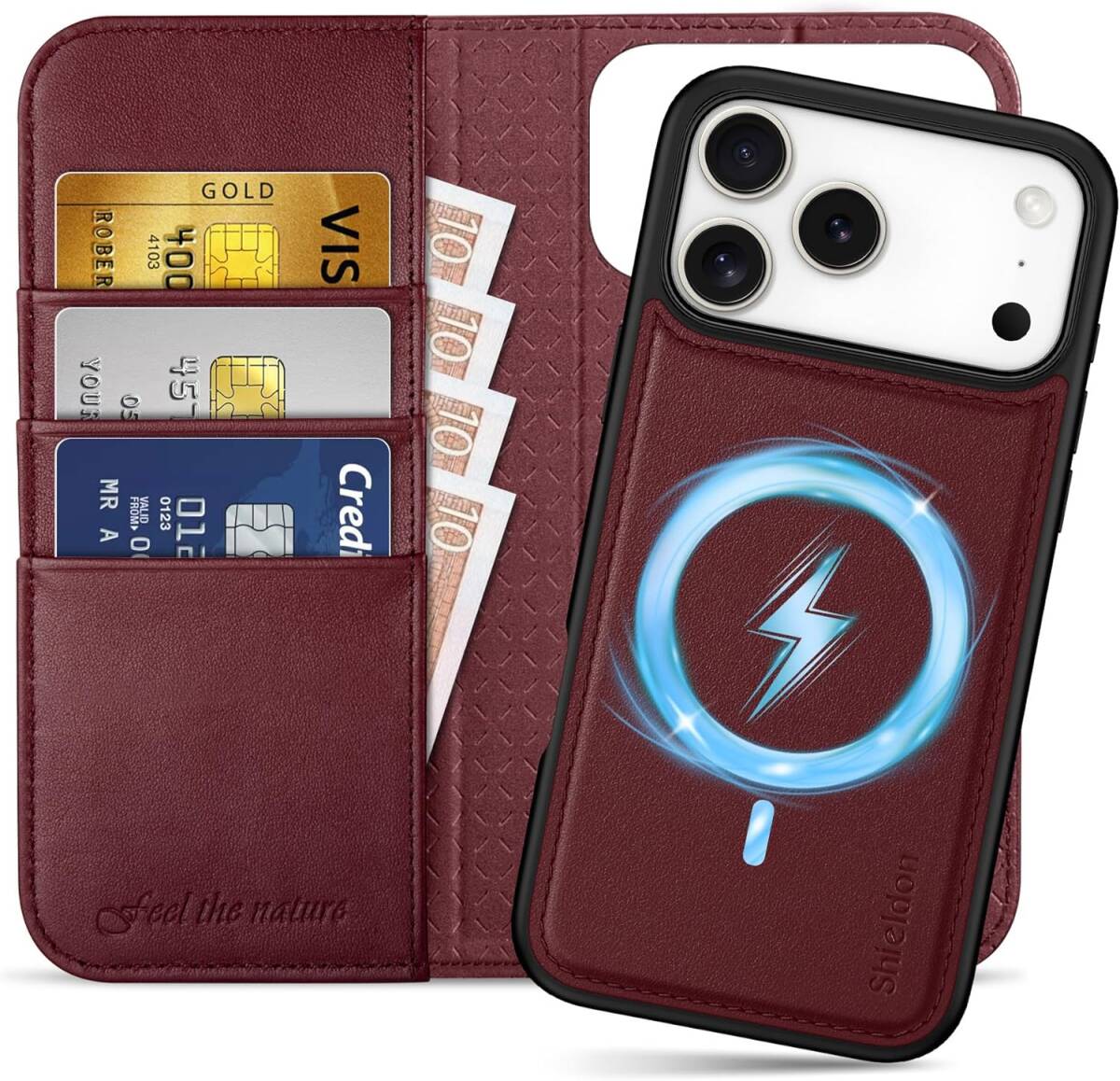 SHIELDON iPhone 17 Pro Max手帳型本革ケース 2in1分離式 ワインレッド MagSafe対応 カード収納 衝撃吸収 C-2IN1-WRED拍卖