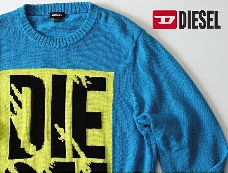 古着★ DIESEL ディーゼル ★ジャイアントアイコンロゴニット 長袖セーター★サイズL★ブルー青【本物保証】★袖・前身頃汚れ複数個所あり拍卖