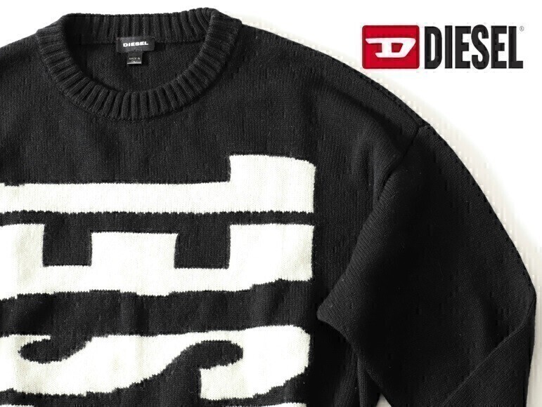 古着 DIESEL ディーゼル ★ジャイアントアイコン ロゴオーバーサイズ長袖セーター サイズM【3716-02563】ブラック黒【本物保証】汚れほつれ拍卖
