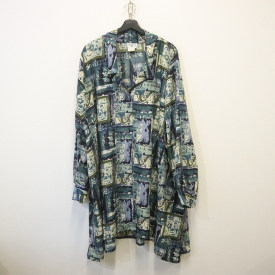 r436 90sビンテージ CELEBRATING SIZE 長袖シャツ■1990年代製 表記8サイズ レディース ブルー 総柄 ポリエステル オープンカラー 開襟拍卖