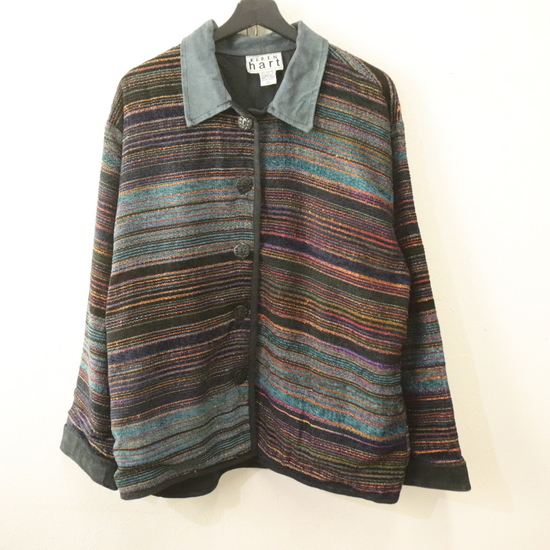 y268 90sビンテージ KERENhart コットンジャケット■1990年代製 表記XLサイズ レディース 黒 ラメ ボーダー マルチカラー 襟スウェード 80s拍卖