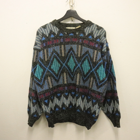O995 80sビンテージ SANTANA アクリルニットセーター■1980年代製 表記Mサイズ ブラック 黒 柄 アメカジ ストリート 古着 古着卸 激安 90s拍卖