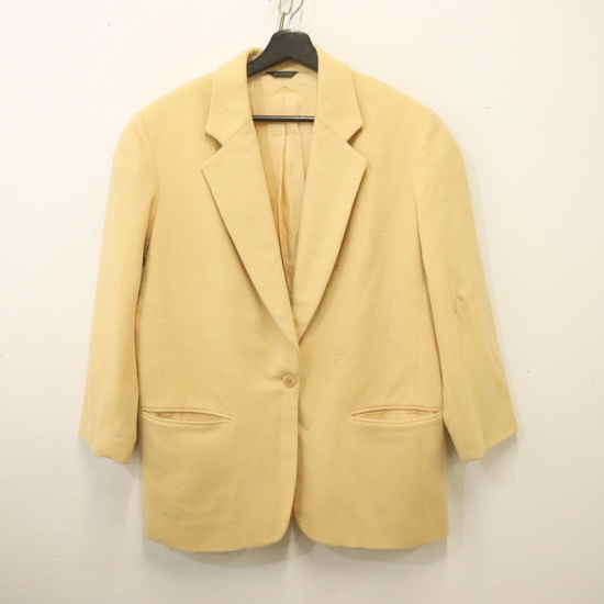 y395 90sビンテージ J.CREW テーラードジャケット カシミア■1990年代製 表記8サイズ レディース イエロー ウー ル 無地 肩パッド付 古着拍卖