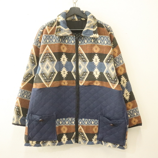 P271 90sビンテージ ゴブランジャケット■1990年代製 約XLサイズ レディース ネイビー 紺 ネイティブ アメカジ ストリート 古着 古着卸 80s拍卖