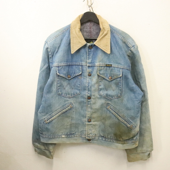 W903 70sビンテージ ラングラー デニムジャケット USA製■1970年代製 表記46サイズ ブルー 裏地ブランケット 襟コーデュロイ Gジャン拍卖