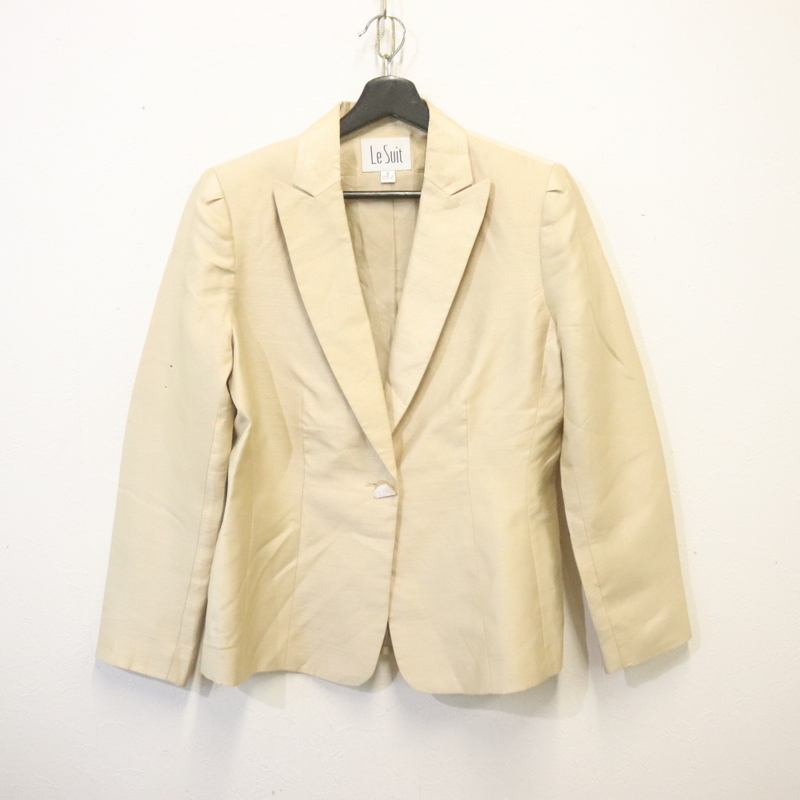 y321 90sビンテージ Lesuit シャイニー テーラードジャケット■1990年代製 表記8サイズ レディース ベージュ 肩パッド ブレザー アメカジ拍卖