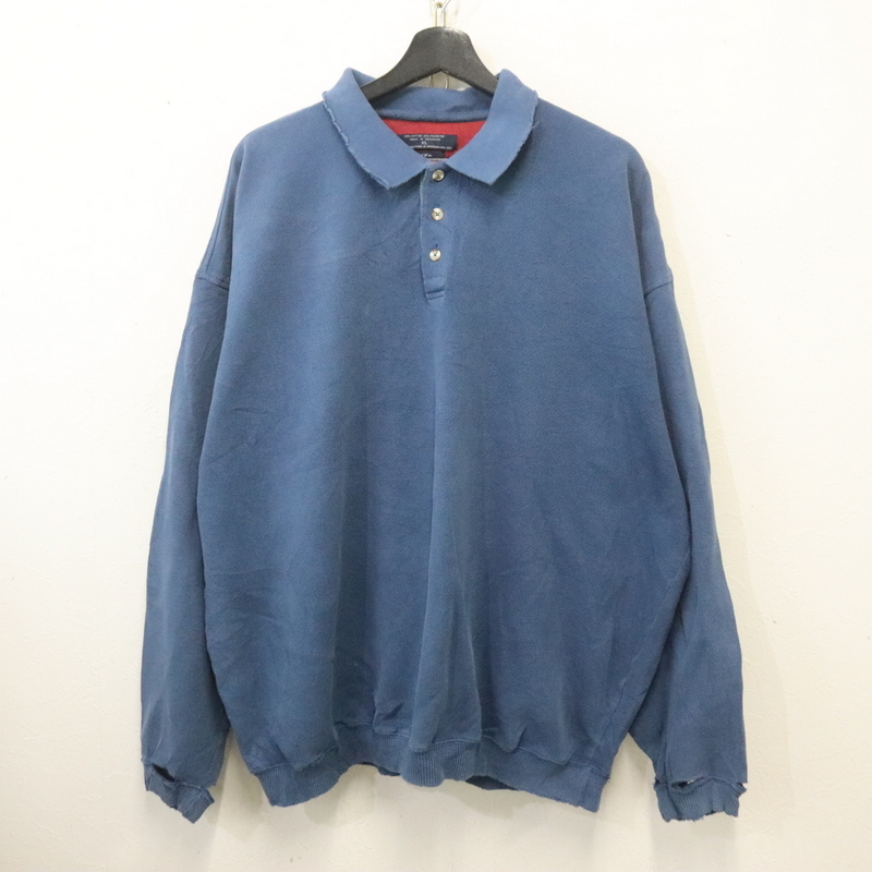 y338 90sビンテージ DOCKERS ドッカーズ 長袖ポロシャツ■1990年代製 表記XLサイズ ブルー 青 無地 ボロ アメカジ ストリート 古着 古着卸拍卖