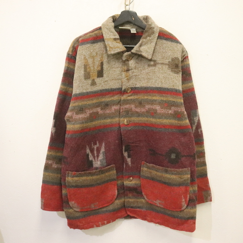 n38 90sビンテージ CHICOS チコズ ウールジャケット■1990年代製 表記Sサイズ レディース ブラウン マルチカラー ネイティブ 柄 古着 激安拍卖