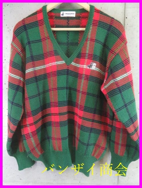 5001b19◆良品です◆BLACK&WHITE ブラックアンドホワイト タータンチェック ウールニットセーター L/ゴルフジャケット/ポロシャツ/パンツ拍卖