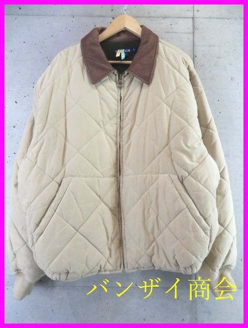 1101b11◆90sヴィンテージ◆nautica ノーティカ 襟レザー 裏地フリース 中綿ダウンジャケット ブルゾン L/ポロシャツ/パンツ/古着 拍卖