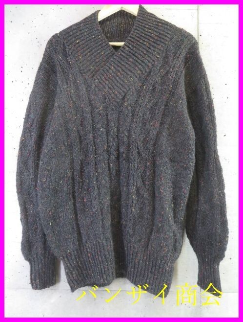 4101b8◆ハンドニット◆手編み ネップ柄 ヘチマ襟 ウールニットセーター/カーディガン/ベスト/アラン編み/フィッシャーマン/ケーブル編み拍卖