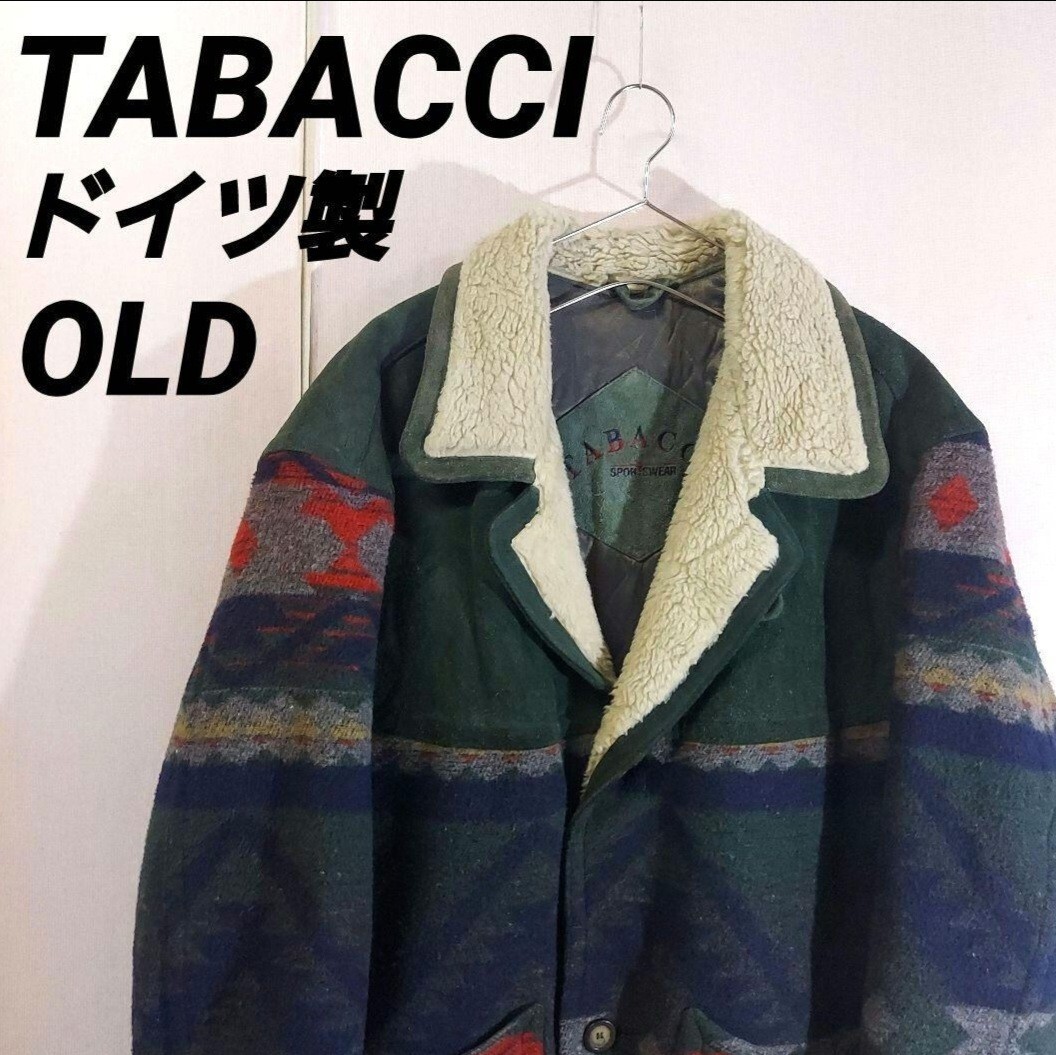 古着 TABACCI カバーオール オールド ドイツ製 ネイティブ柄 襟裏ボア ピッグレザー ウール切り替え 裏地キルティング 中綿入り 拍卖