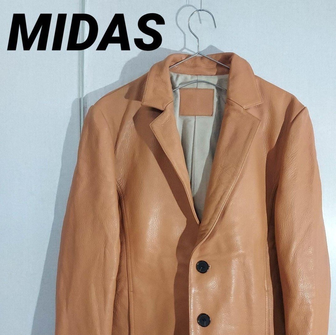 古着 MIDAS ミダス レザーテーラードジャケット 山羊革 スリムフィット シングル 本革 キャメル拍卖