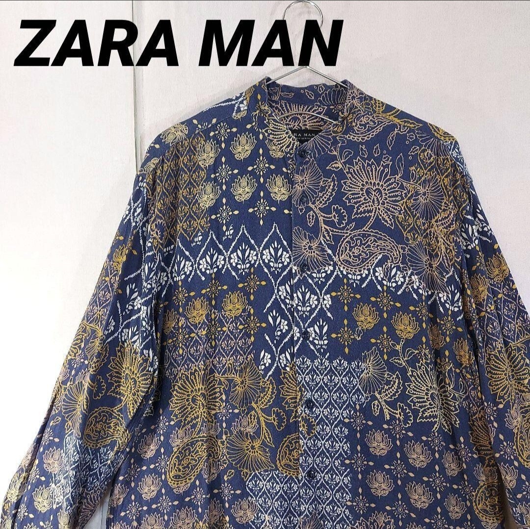 古着 ザラ ZARA MAN 総柄 長袖レーヨンシャツ バンドカラー アジアンテイスト拍卖